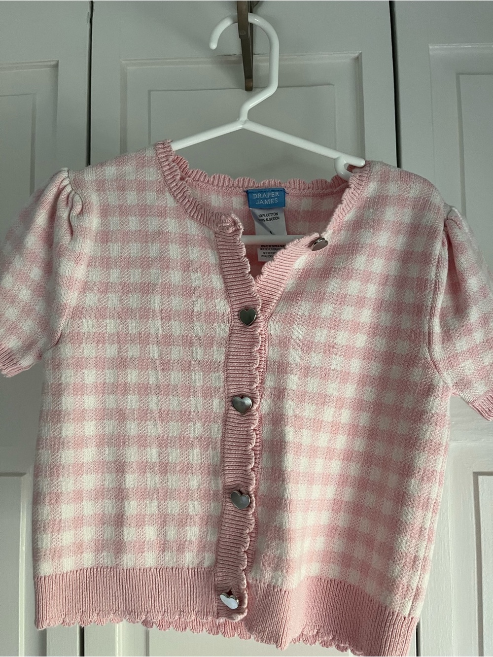Draper James Pink and White Gingham Heart-Button Knit Top and matching Skirt